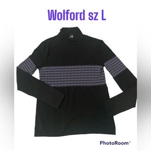 Wolford Velvet Mix L Purple Black Chevron Mock Neck Long Sleeve Top Shirt RARE